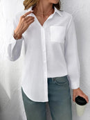 Camisa Feminina Casual de Algodão Puro com Pregas e Mangas Longas