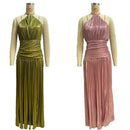 Vestido Midi Sem Costas com Fenda, Decote com Cinto, Sem Mangas, Formal, em Tecido de Poliéster, Saia Franzida, Cintura Média...
