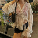 Camisa Feminina de Manga Longa com Decote em V e Laço Frontal, Franzida, Estilo Lotus Root, Transparente e Solta, em Chiffon, para Primavera e Verão