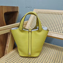 Bolsa de couro de vaca de camada superior, estilo europeu, bolsa tipo balde, cesta de vegetais frescos, bolsa fena com al...