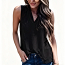 Blusa Feminina Casual de Verão com Decote V, Sem Mangas, Cor Sólida, Detalhe Plissado e Caimento Solto para o Dia a Dia
