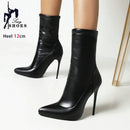 Botas de meia sexy para mulheres 12cm salto alto fino senhoras dedo do pé pontiagudo botas de tornozelo curto plus size 46 deslizamento-em sapatos de inverno botas mujer
