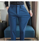 Calças de vestido dos homens novo fino respirável sólido casual alta elástica magro ajuste terno calças streetwear roupas masculinas