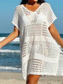 Túnica de malha de crochê feminino, manga curta sexy, oco, capas, vestido de praia, moda praia, capas femininas, K5580