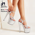 Sandálias Stiletto de plataforma aberta para mulheres, salto alto de banda estreita, sapatos stripper de festa, fivela, pole dancing, verão, 17cm