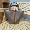 Bolsa de couro de vaca de camada superior, estilo europeu, bolsa tipo balde, cesta de vegetais frescos, bolsa fena com al...