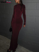 Estranho gato hipster vestido ruched feminino o-pescoço manga cheia magro estiramento robe outono tendência simples clássico pregas longo bodycon
