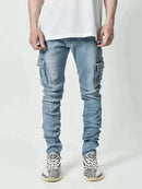 Novos calças de brim dos homens lavar cor sólida multi bolsos denim meados de cintura carga jeans plus size fahsion calças casuais masculino uso diário