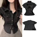 Camisa de Denim Preta Feminina de Manga Curta com Botões, Top Clássico de Denim Cropped com Gola Lapela, Ajuste Slim e Confortável para Uso Diário