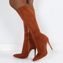 Botas de meia-panturrilha preta de camurça falsa de alta qualidade para mulheres, saltos finos, dedo apontado, zip, bombas de festa, sexy, moda primavera, tamanhos 35-43