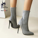 Botas de meia sexy para mulheres 12cm salto alto fino senhoras dedo do pé pontiagudo botas de tornozelo curto plus size 46 deslizamento-em sapatos de inverno botas mujer