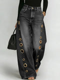 Calça Jeans Feminina Missuoo Azul Lavado de Cintura Alta com Ilhós Metálicos e Perna Larga 2026 - Calça Casual Solta Estilo Streetwear