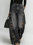 Calça Jeans Feminina Missuoo Azul Lavado de Cintura Alta com Ilhós Metálicos e Perna Larga 2026 - Calça Casual Solta Estilo Streetwear