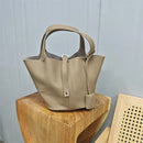 Bolsa de couro de vaca de camada superior, estilo europeu, bolsa tipo balde, cesta de vegetais frescos, bolsa fena com al...