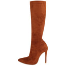 Botas de meia-panturrilha preta de camurça falsa de alta qualidade para mulheres, saltos finos, dedo apontado, zip, bombas de festa, sexy, moda primavera, tamanhos 35-43
