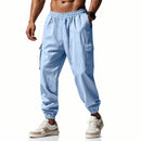 2026 novas calças masculinas casuais multi-bolso masculino capa fechada amarrada algodão e linho leggings de perna reta masculino