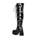 Outono inverno preto feminino acima do joelho botas altas saltos grossos 10.5cm plataforma 5cm estrela fivela rendas até zíper lateral botas longas