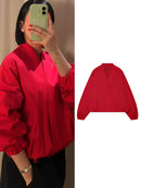 Jaqueta Bomber Curta Vermelha Feminina TFMLN da Moda, Caimento Solto, Gola V, Manga Longa, Casaco Feminino para Primavera Outono 2026, Agasalho Urbano