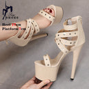 Sandálias Stiletto de plataforma aberta para mulheres, salto alto de banda estreita, sapatos stripper de festa, fivela, pole dancing, verão, 17cm