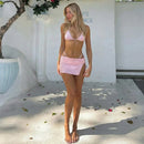 Maiô Feminino com Estampa de Poá Rosa, Conjunto de 3 Peças com Sutiãs e Saias Divididas, Moda Praia