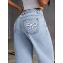 Mulheres jeans bordado cintura alta angustiado bolsos lavados vintage até o chão calças 2025 denim calças de perna larga streetwear