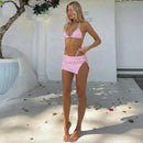 Maiô Feminino com Estampa de Poá Rosa, Conjunto de 3 Peças com Sutiãs e Saias Divididas, Moda Praia