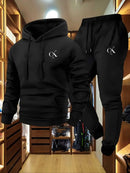 Conjunto Masculino de Moletom e Calça 2026 - Loungewear Casual Cinza com Bolsos, Capuz com Cordão e Cós Canelado - Conforto para Todas as Estações