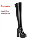 Botas acima do joelho de couro envernizado elástico para mulheres sexy t mostrar sapatos plataforma grossa botas mulher 15cm gótico coxa botas altas