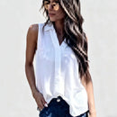 Blusa Feminina Casual de Verão com Decote V, Sem Mangas, Cor Sólida, Detalhe Plissado e Caimento Solto para o Dia a Dia