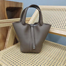 Bolsa de couro de vaca de camada superior, estilo europeu, bolsa tipo balde, cesta de vegetais frescos, bolsa fena com al...