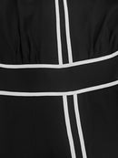 Vestido Maxi Elegante em Chiffon Francês, Gola Alta com Mangas Longas e Acabamento em Piping Branco, Ideal para Escritório, Negócios, Banquetes e Festas