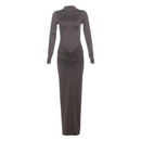Estranho gato hipster vestido ruched feminino o-pescoço manga cheia magro estiramento robe outono tendência simples clássico pregas longo bodycon