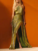 Vestido Midi Sem Costas com Fenda, Decote com Cinto, Sem Mangas, Formal, em Tecido de Poliéster, Saia Franzida, Cintura Média...