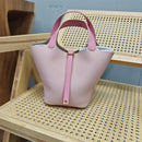 Bolsa de couro de vaca de camada superior, estilo europeu, bolsa tipo balde, cesta de vegetais frescos, bolsa fena com al...