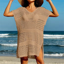 Túnica de malha de crochê feminino, manga curta sexy, oco, capas, vestido de praia, moda praia, capas femininas, K5580