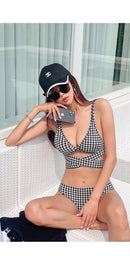 Biquíni Feminino de Cintura Alta Sensual com Efeito Modelador, Xadrez Franzido, Peças Separadas, Térmico, para Férias e Resort