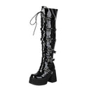 Outono inverno preto feminino acima do joelho botas altas saltos grossos 10.5cm plataforma 5cm estrela fivela rendas até zíper lateral botas longas