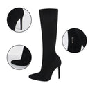 Botas de meia-panturrilha preta de camurça falsa de alta qualidade para mulheres, saltos finos, dedo apontado, zip, bombas de festa, sexy, moda primavera, tamanhos 35-43