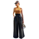 Calças Femininas Atacado: Calças de Couro PU Pretas de Cintura Alta com Perna Larga para Mulheres - Moda Casual Solta Estilo Streetwear