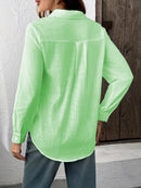 Camisa Feminina Casual de Algodão Puro com Pregas e Mangas Longas