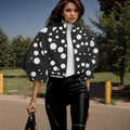Moda impressão jaquetas para mulheres high street polka dot padrão lanterna manga zíper casaco curto casual gola alta jaqueta curta