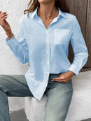 Camisa Feminina Casual de Algodão Puro com Pregas e Mangas Longas