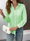 Camisa Feminina Casual de Algodão Puro com Pregas e Mangas Longas