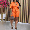 Conjunto de Calças Curtas para Mulheres, Dois Peças, Camisa com Gola Reversa, Calças Curtas com Cintura Elástica, Estilo Y2K, Casual 2026