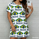 Vestido T-Shirt Feminino Estampado com Bandeira do Brasil Verão 2026, Solto, Gola O, Manga Curta, Pulôver, Camisola Feminina