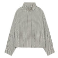 Jaquetas Femininas com Gola Alta e Zíper, Casaco Cropped Preto e Branco com Estampa Xadrez, Jaqueta Casual de Manga Longa com Corte Solto 2026