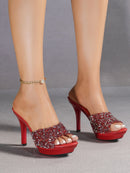Chinelos femininos de verão, 10.5cm, plataforma antiderrapante, lantejoulas, sapatos de salto alto para mulheres, sandálias vermelhas de luxo