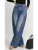 Calça Jeans Feminina Missuoo Azul Lavado de Cintura Alta com Ilhós Metálicos e Perna Larga 2026 - Calça Casual Solta Estilo Streetwear