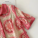 Blusa de Crochê de Manga Curta com Botões, Estilo Boho Chic, Blusa de Renda Floral Tricotada Aberta para Mulheres, Saída de Praia de Verão, Roupa de Resort
