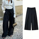 Calças Femininas Casuais Chiques de Perna Larga Vintage para Escritório com Cintura Alta, Bolsos e Pregas, Calças Longas Primavera Verão 2026 Estilo Streetwear